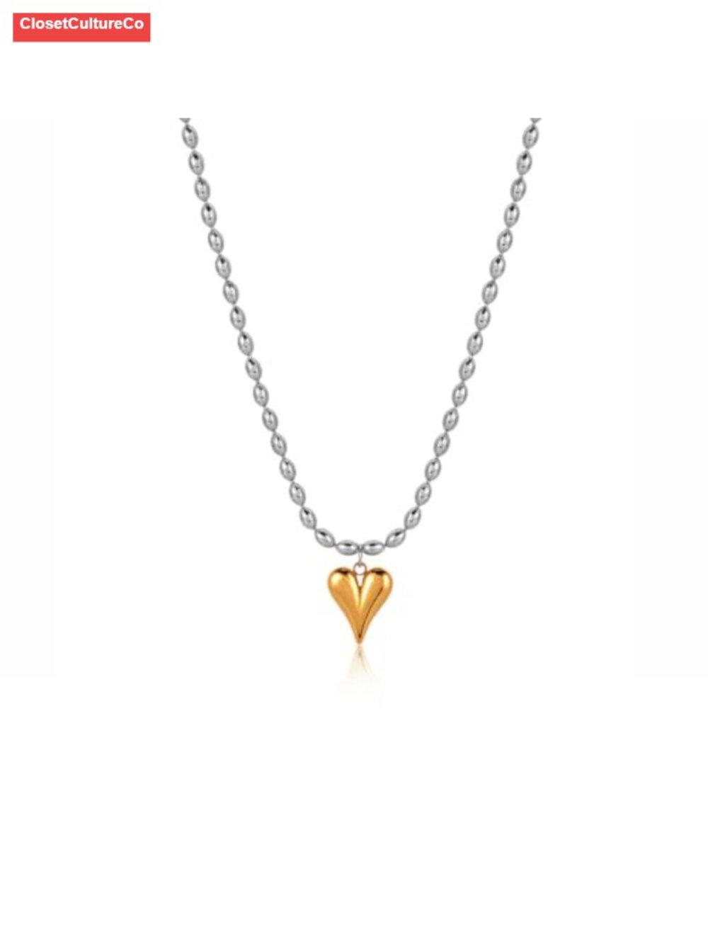 Two Tone Puff Heart Pendant Necklace Stainless Steel